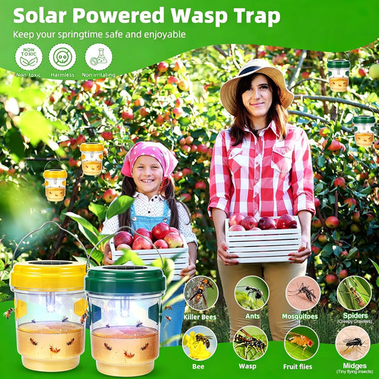 4 Pack Solar Wasp Traps Outdoor Hanging with LED Light, Bee Catcher Reusable Yellow Jacket Trap for Outdoors, Carpenter Bee Protection for Patio, Backyard, Garden
