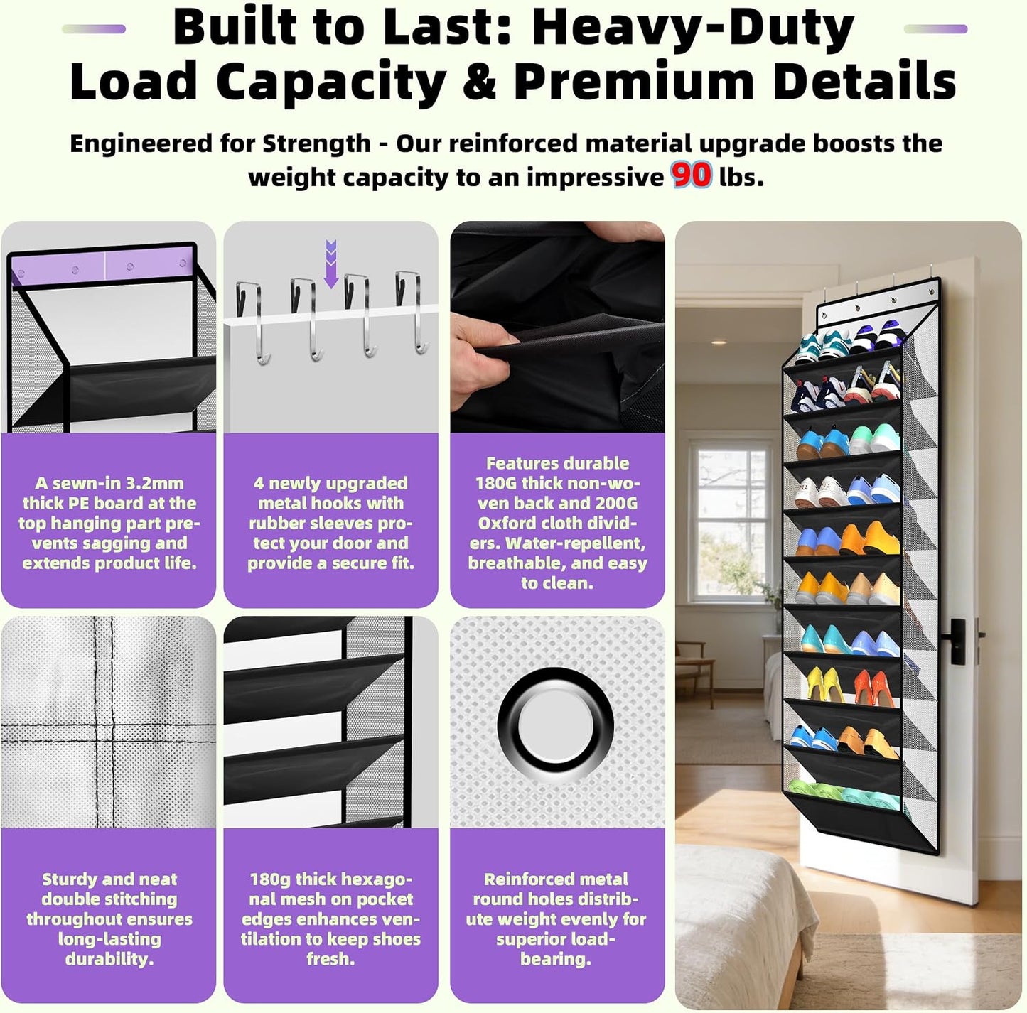 PAULONE 10-Pocket Multi-Use Over the Door Organizer, Heavy Duty 95lbs Capacity with Breathable Mesh, Versatile Hanging Storage for Shoes, Toys, Office Supplies-Classic (Black, 10-Shelf,)
