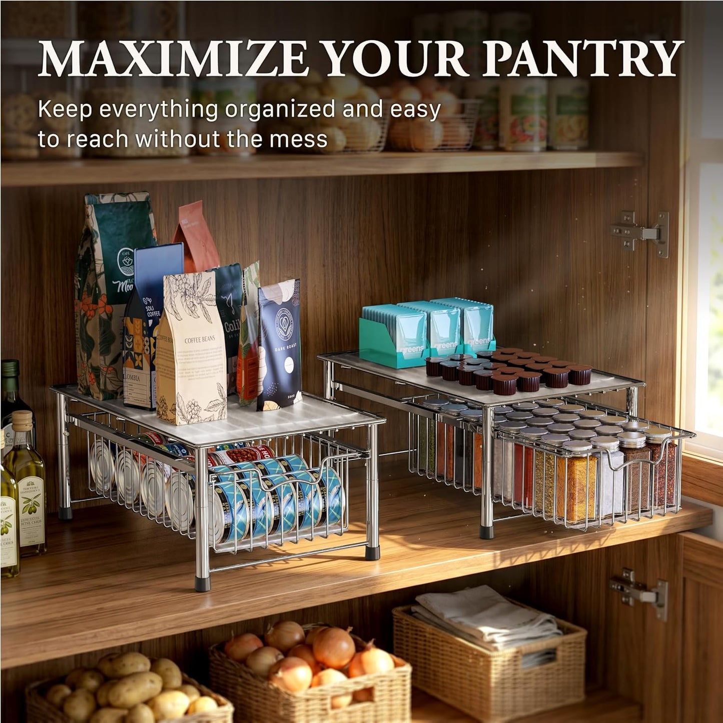 Simple Houseware Stackable 2 Tier Sliding Basket Organizer Drawer, Chrome