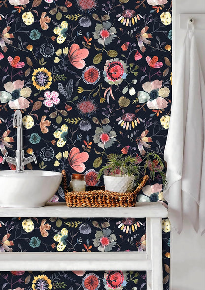 Wallpaper Peel and Stick Floral Wall Paper Removable Waterproof Gray/Yellow/Blue Contact Paper for Bedroom, Bathroom, Home Wall 17.3" x 118"