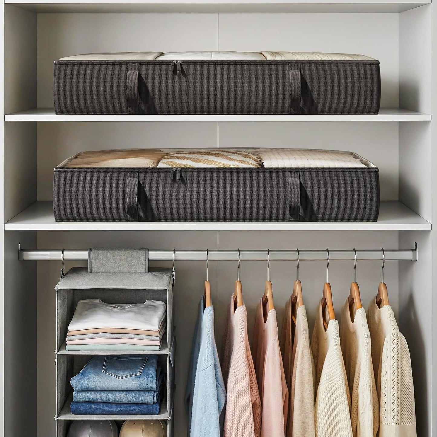 Vailando Side-Supported Under Bed Storage Containers, 6 Inches Tall 60L Underbed Storage Bins with Sturdy Handles and Sidewalls, Closet Organizer for Clothes, Blankets, Seasonal Items, Beige, 2-Pack