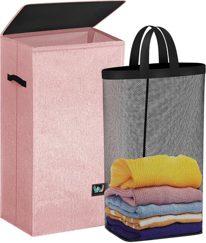 WTREE Laundry Hamper with Lid, Reinforced Sturdy Clothes Hamper with Anti-Puncture Base, Large Collapsible Laundry Basket with Removable Liner Bag, Tall Dirty Clothes Bin for Family, 100L Grey