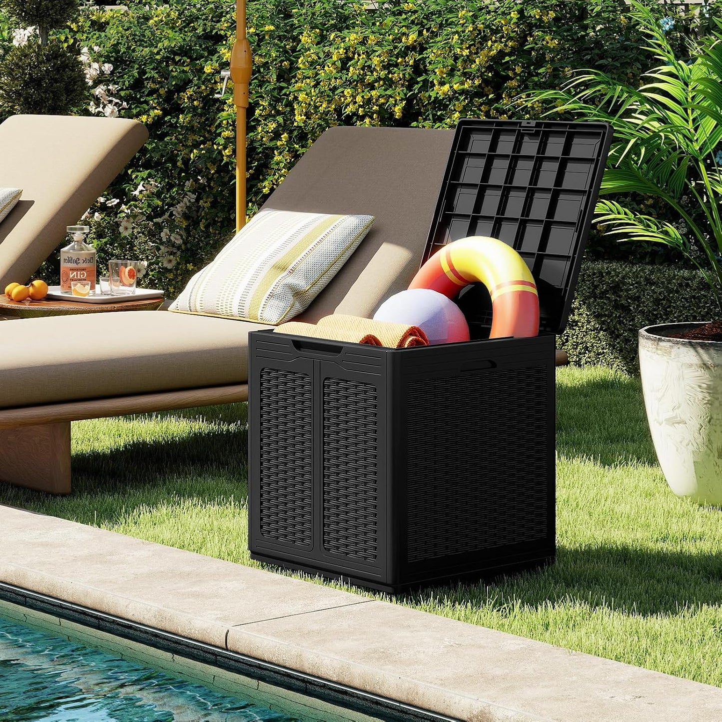 Tangkula 25 Gallon Waterproof Outdoor Storage Box with Lockable Lid | PP Resin, Wicker Patterned, Indoor Outdoor Use, Portable, Versatility, for Deck, Pool, Patio Cushions, Garden Tools