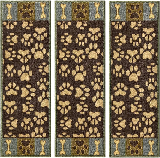 Stair Treads for Wooden Steps Indoor 8.5” x 26” Slip Resistant Machine Washable Staircase Carpet Mat, Safe for Elders, Kids and Pets Chain Border Design Brown Color, 1 Piece