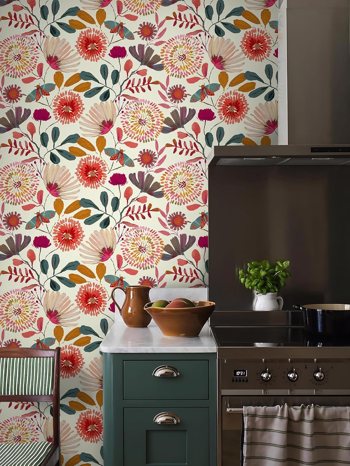 Wallpaper Peel and Stick Floral Wall Paper Removable Waterproof Navy/Pink/Orange Contact Paper for Bedroom, Bathroom,Bathroom, Home Wall 17.3" x 118"