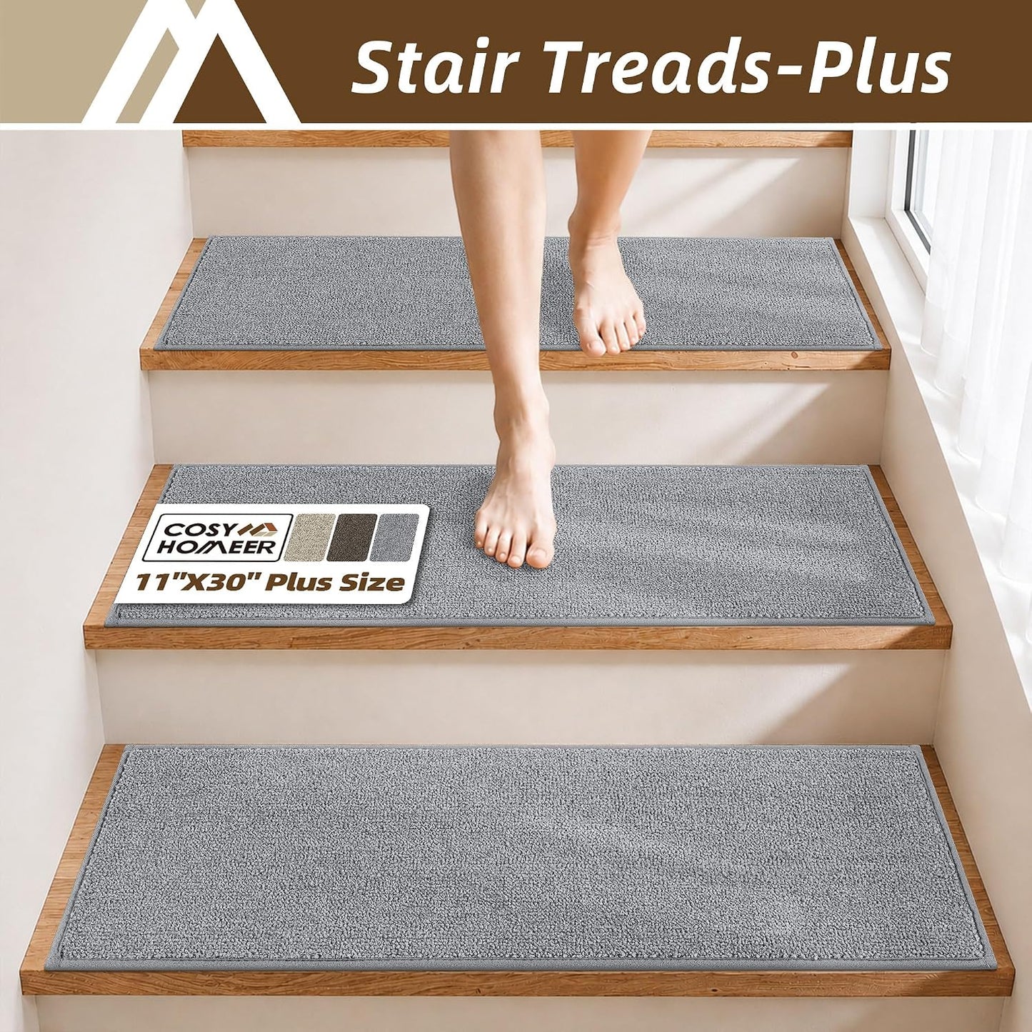 COSY HOMEER Stair Treads Non-Slip Carpet Stair Treads for Wooden Steps, Indoor Stair-Runner Rugs for Kids Elders & Pets 28"x9" (4Pc, Dark Gray)