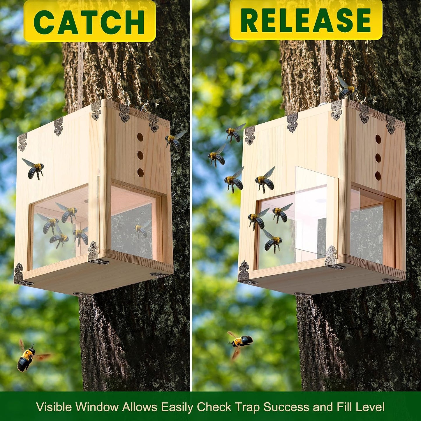 1 Pack Extra Large Carpenter Bee Trap for Outside, 2 in 1 Catch & Release Wood Bee Traps Outdoor Hanging, Timber-Fixed Expanded External Containment, Defender Trap for Bees Collection