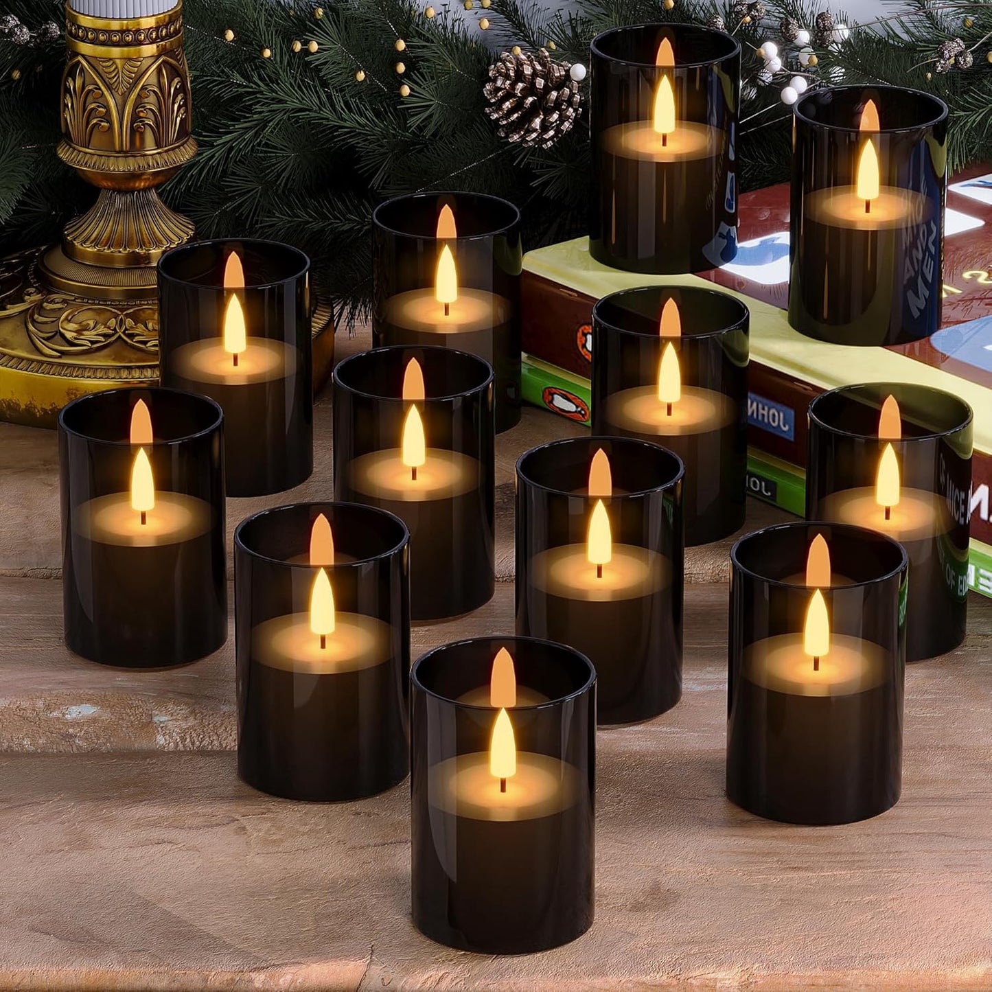 VIODAIM 12Pack Flickering Flameless LED Candles with Remote & Timer, Battery Powered - Small Pillar & Votive, Clear (2"X3")