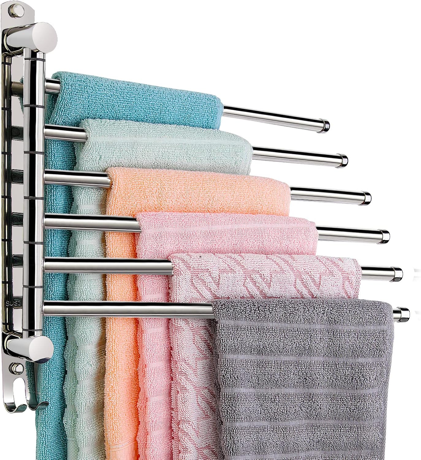 5-Arm Swivel Towel Rack - 180° Rotating Wall Mounted, 304 Stainless Steel Rustproof, Heavy Duty Bathroom Accessories, Space Saving Towel Organizer for Bathroom Kitchen Laundry - Pearl White