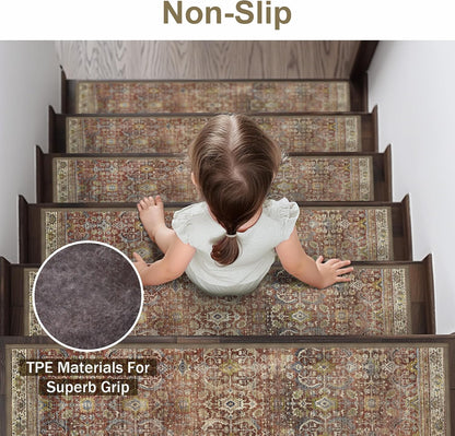sarben Non Slip Stair Treads for Wooden Steps 15PCS - 8"x30" Indoor Safety Carpet, Edging Mats with TPE Adhesive Backing, Pet and Elderly Friendly Stair Rugs (Taupe) - Colors B