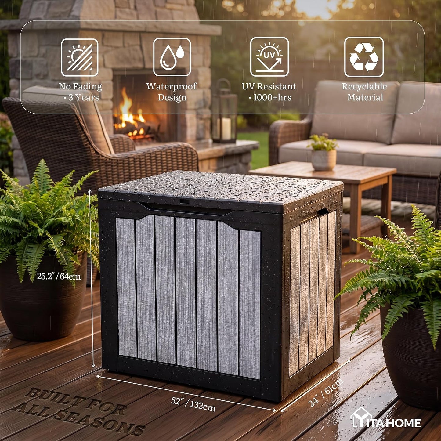 YITAHOME 100 Gallon Large Outdoor Deck Box | Waterproof Resin Storage Box, Lockable Indoor Outdoor Storage Container for Patio Furniture Cushions, Pool Accessories