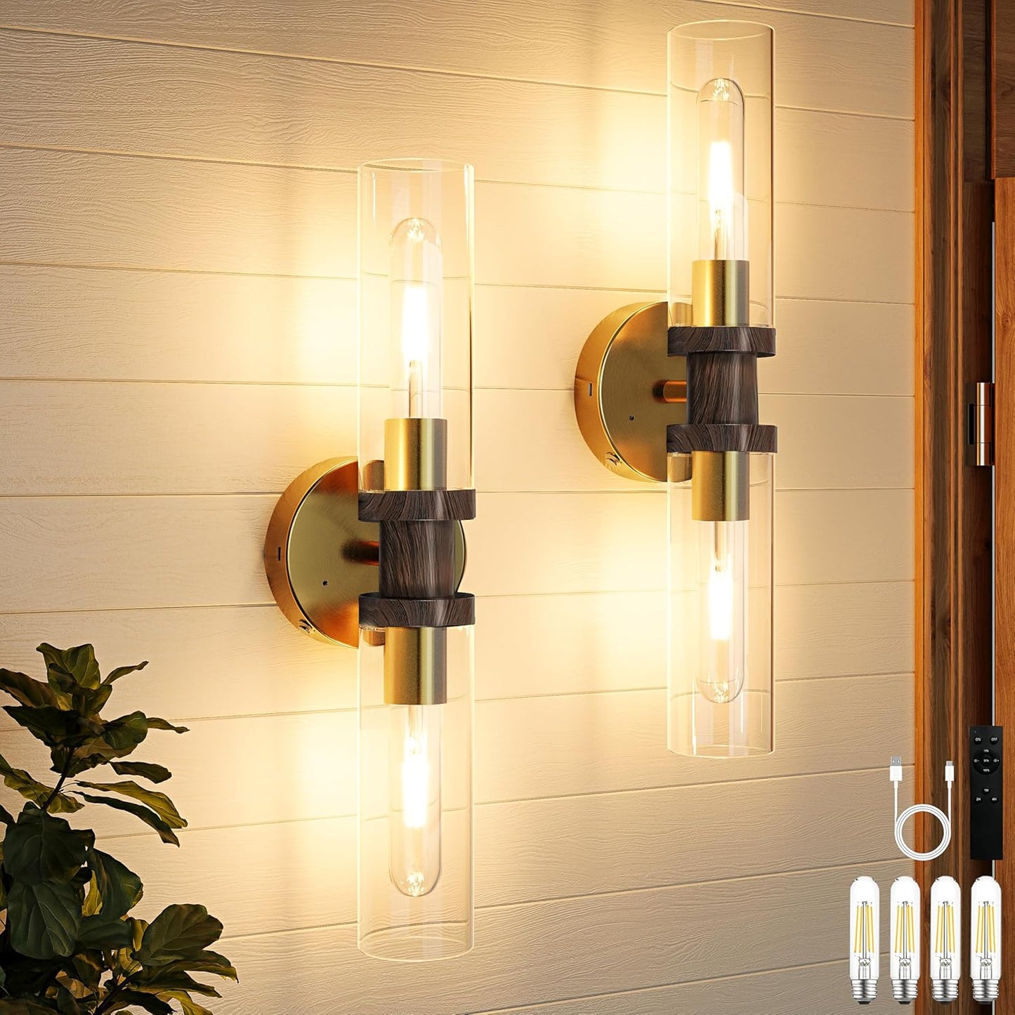 Battery Operated Wall Sconce Set of 2, 10000mAh Rechargeable Wireless Wall Lights Remote Control, Cordless Timer Dimmable Glass Wall Lamps for Living Room Bedside Entryway Emergency Gold 16.5 Inch
