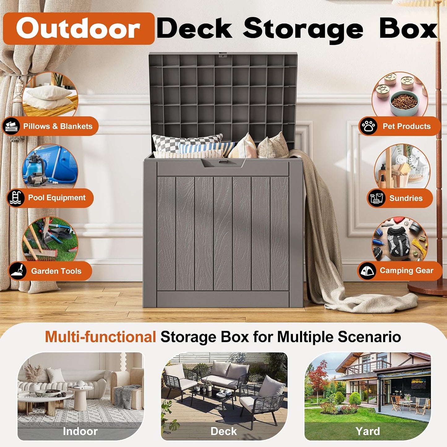 Outdoor Storage Box, Resin Deck Boxes Indoor and outdoor, Waterproof Storage Box Lockable Lid (Black, 85 Gallon)