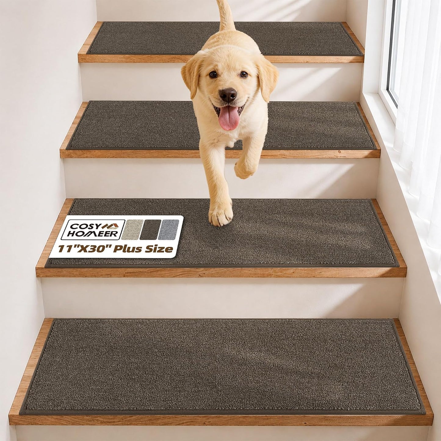 COSY HOMEER Stair Treads Non-Slip Carpet Stair Treads for Wooden Steps, Indoor Stair-Runner Rugs for Kids Elders & Pets 28"x9" (4Pc, Dark Gray)