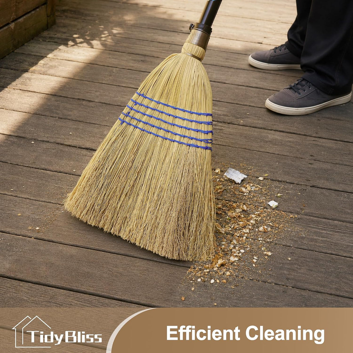 TidyBliss Corn Broom Heavy Duty, 59 inches Tall Household Indoor Outdoor Natural Straw Brush for Sweeping Garden, Garage, Yard, Porch, Patio, Sidewalk, Concrete, Stone Floors