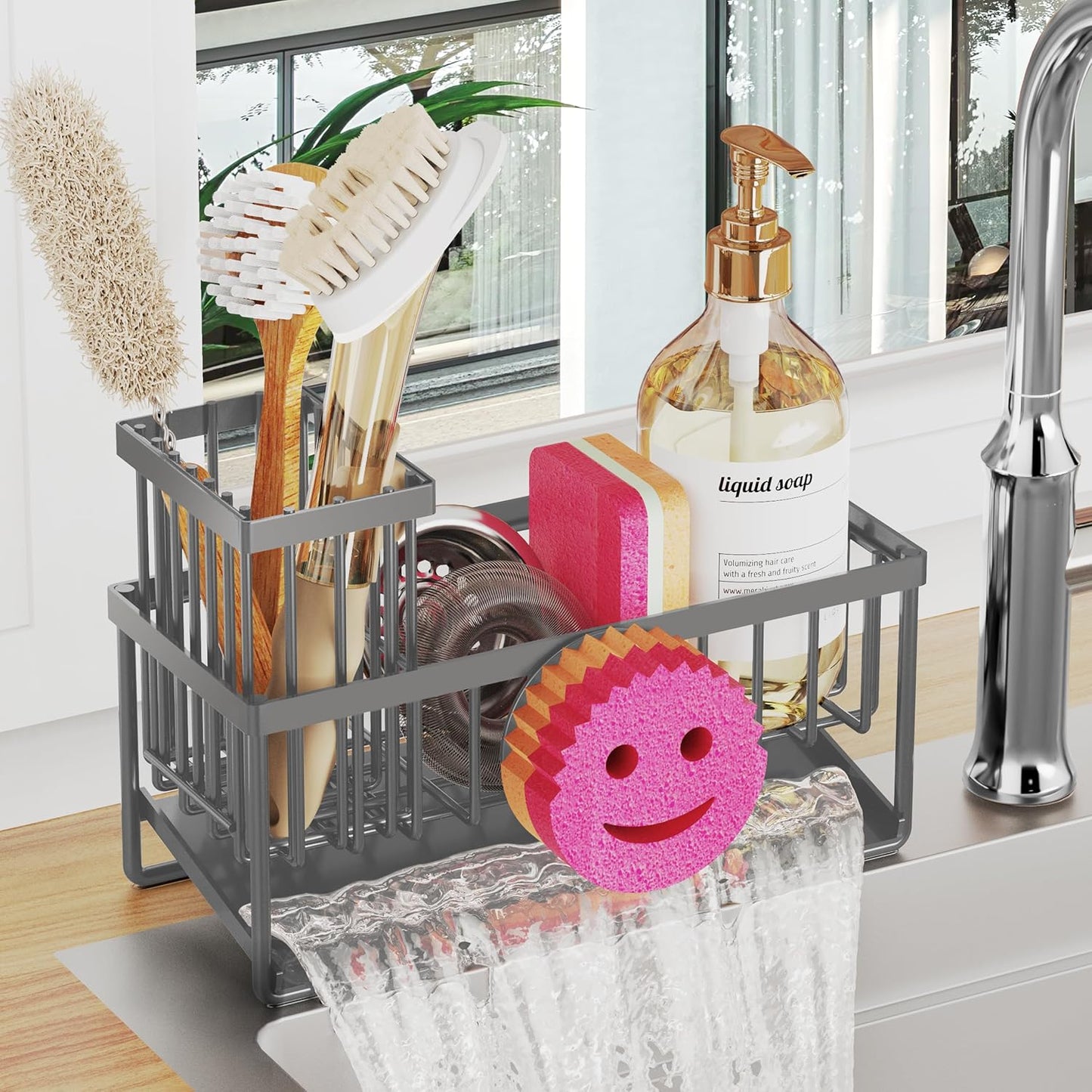 Sponge Holder for Kitchen Sink,Smiley Face Sink Caddy with Removable Brush Holder,Self-Draining Sponge Caddy for Soap,Dish Brush,Scrubber,Kitchen Essentials and Gadgets-Silver