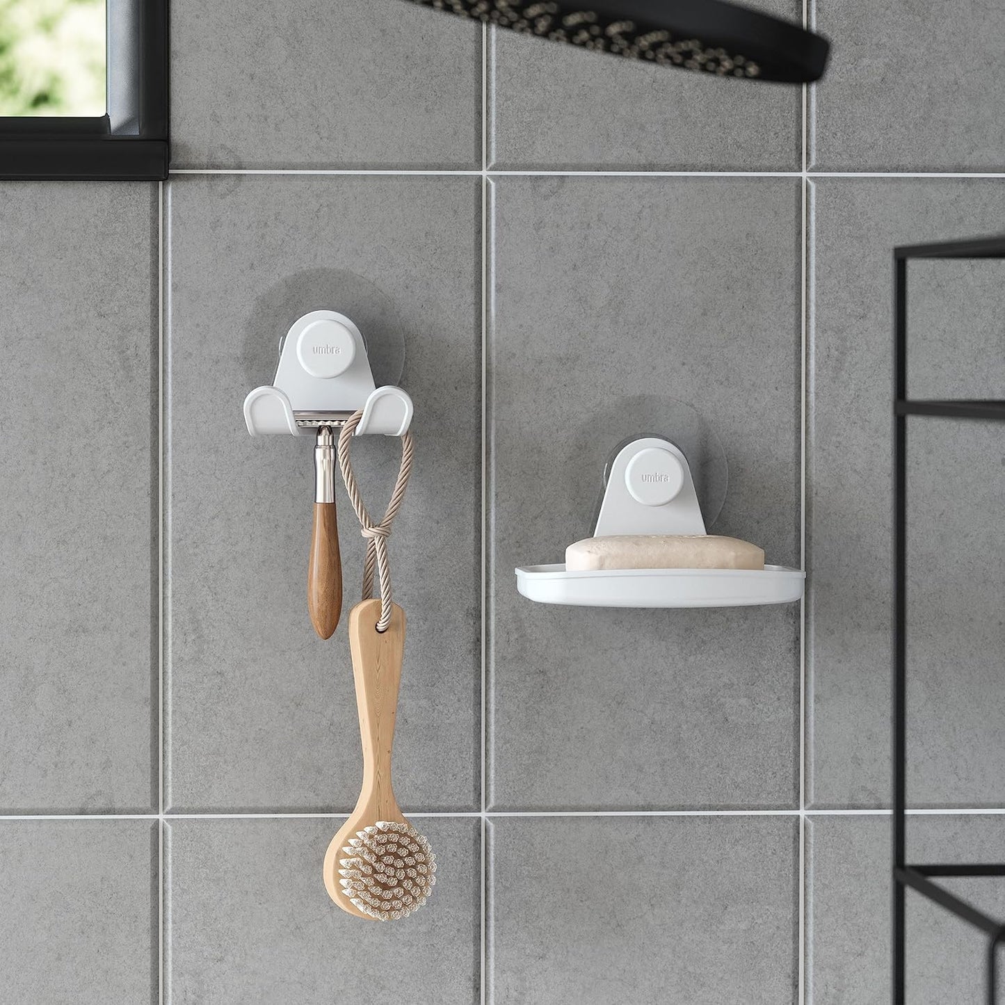 Umbra Flex Adhesive Double-Hook for Bathroom Shower Tub, Holds Towels, Washcloths, Loofahs, Razor, and More, White