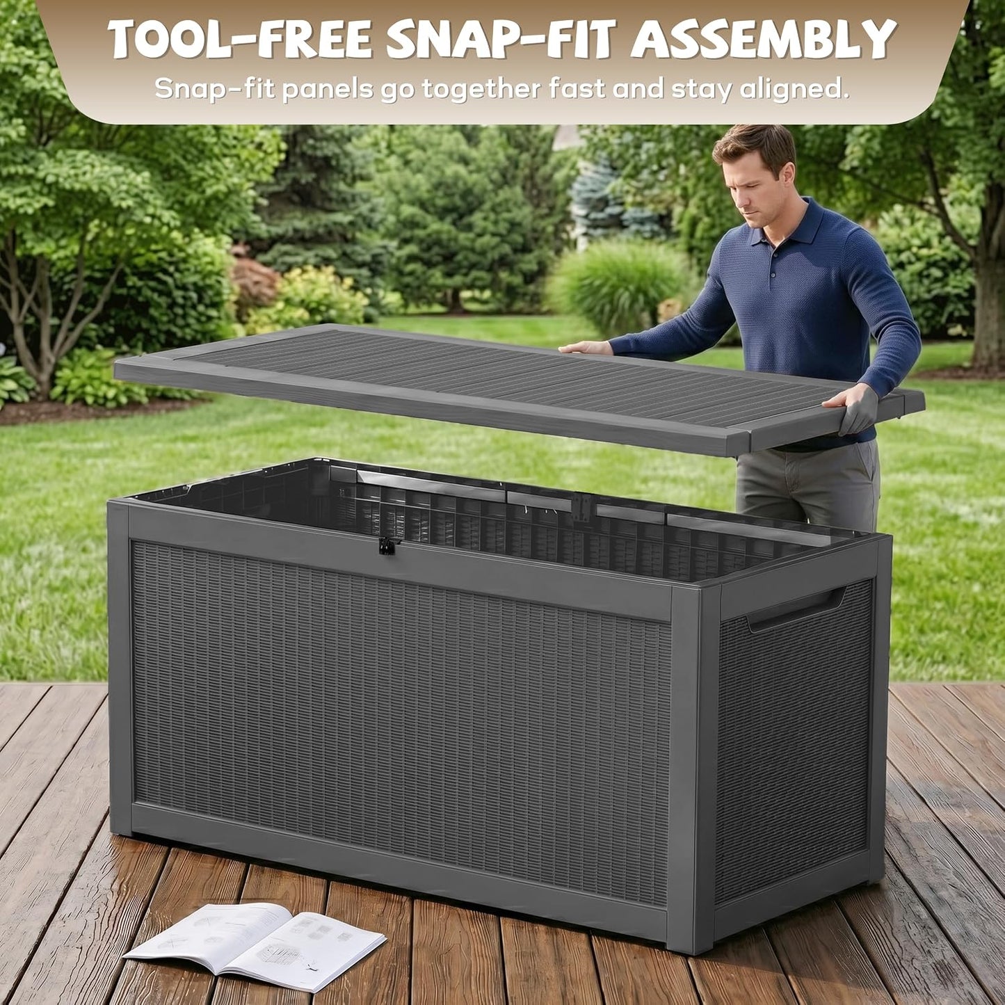 EasyUp 35 Gallon Outdoor Storage Box, Outdoor Deck Boxes for Garden Tools Equipment,Cushions and Patio Storage,Lockable and Resin,Easy to Install(Black)