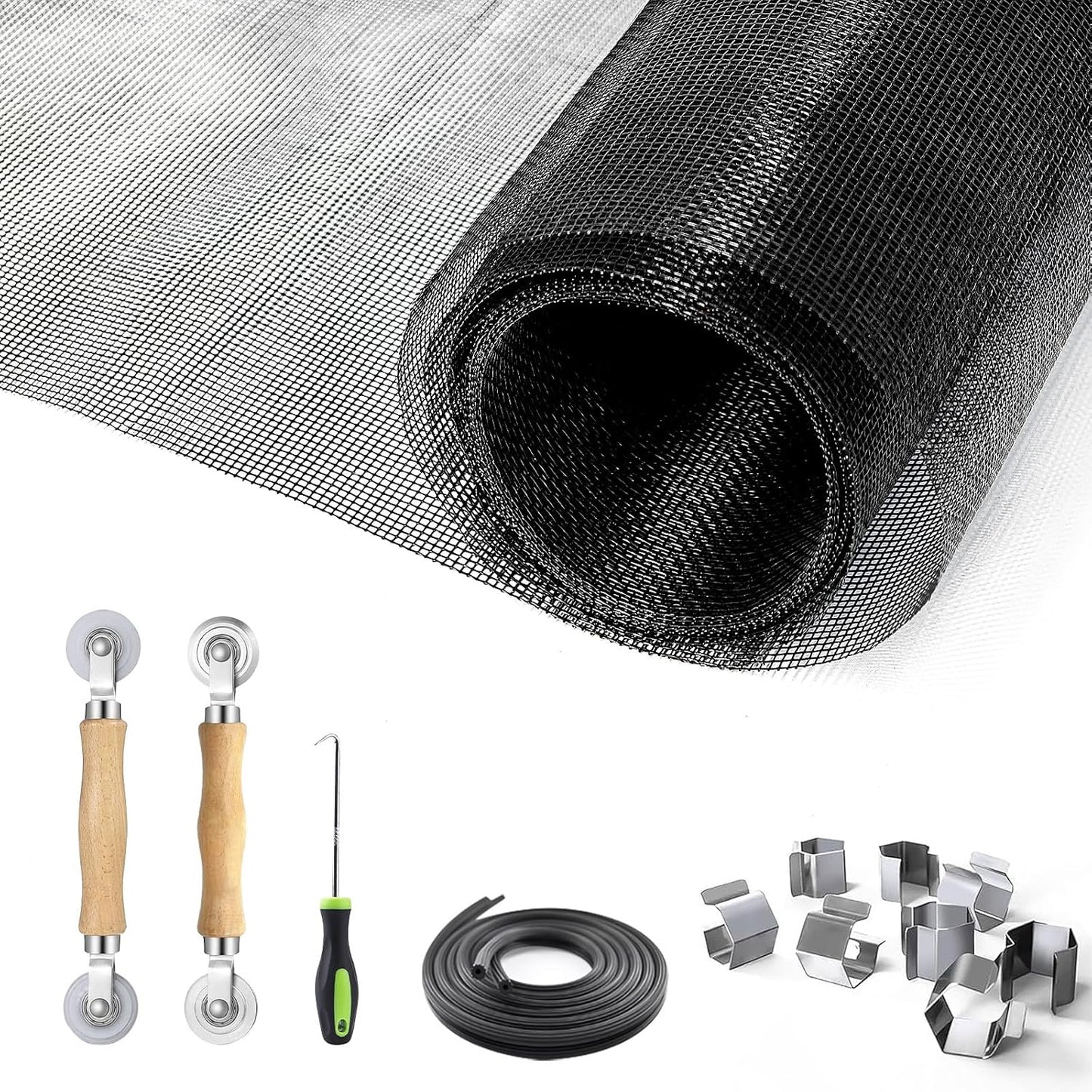 King&Charles Window Screen Door Repair/Replacement Kit, Include Black Screen Mesh 48"x118"+ 2 Roller+50Ft Spline+8Clips+Hook, 6 in 1 Window Mesh Kit, Steel/Nylon Bearing Roller