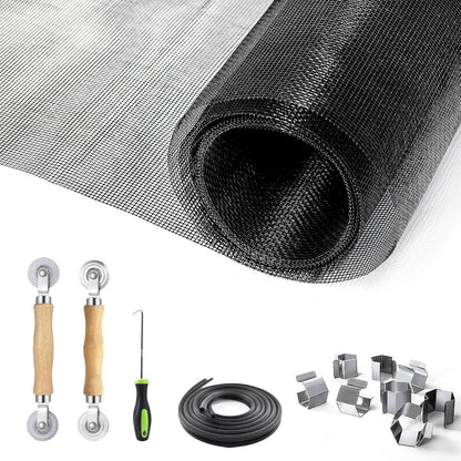 King&Charles Window Screen Door Repair/Replacement Kit, Include Black Screen Mesh 48"x118"+ 2 Roller+50Ft Spline+8Clips+Hook, 6 in 1 Window Mesh Kit, Steel/Nylon Bearing Roller