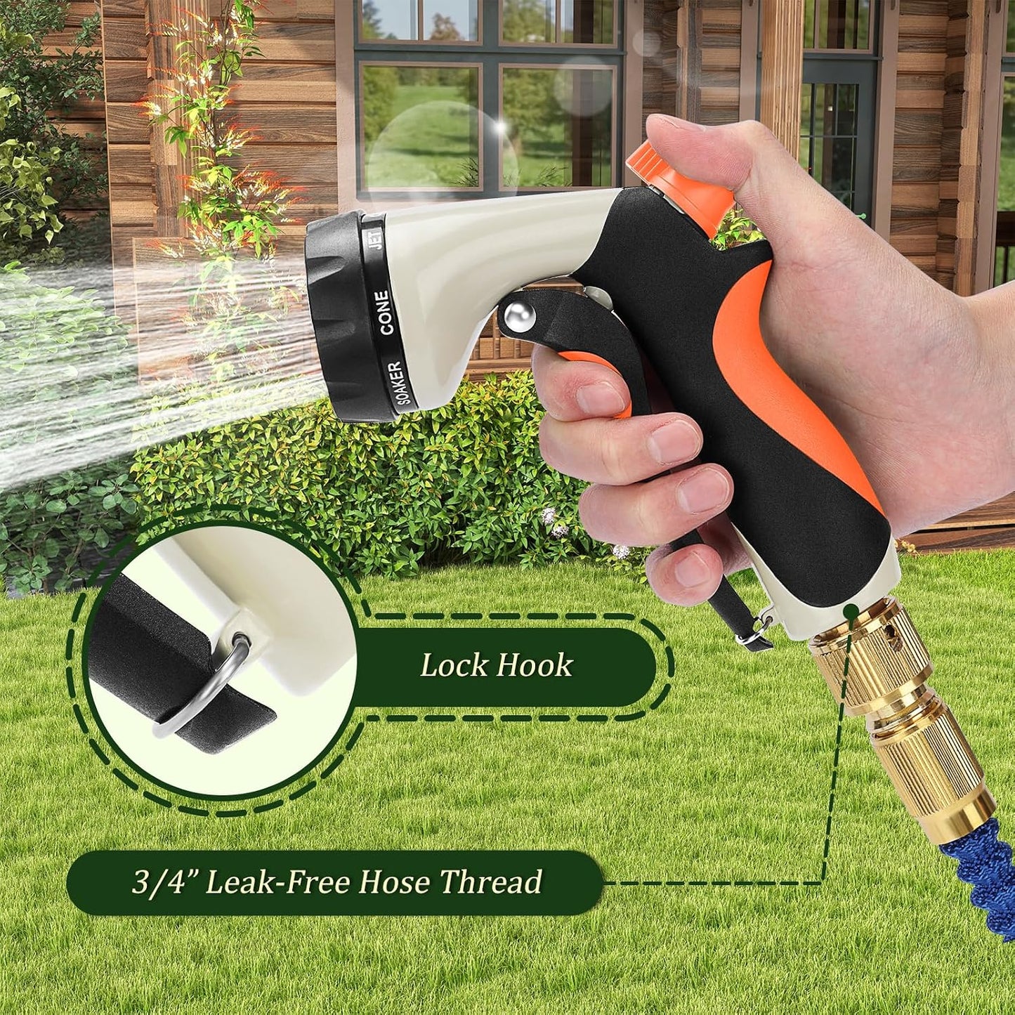 Garden Hose Nozzle, Heavy Duty Metal Water Nozzle with 8 Adjustable Spray Patterns, High Pressure Ergonomic Flow Control for Watering Plants, Lawns, Washing Cars, Pets, Black with Green