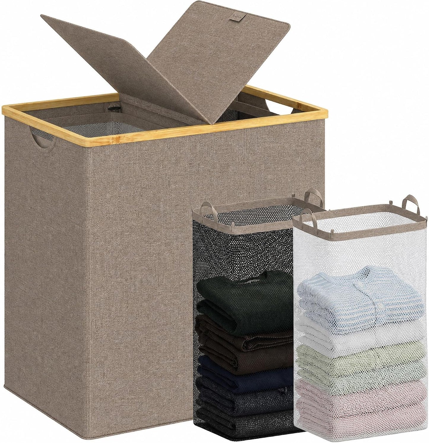 efluky Laundry Hamper with Lid, Trio Laundry Basket with 2 Removable Bags, 3 Section Laundry Bin with Bamboo Handles for Bathroom, Bedroom & Laundry Room, 160L (42.3 Gallon) Beige