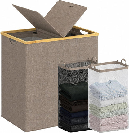 efluky Laundry Hamper with Lid, Trio Laundry Basket with 2 Removable Bags, 3 Section Laundry Bin with Bamboo Handles for Bathroom, Bedroom & Laundry Room, 160L (42.3 Gallon) Beige