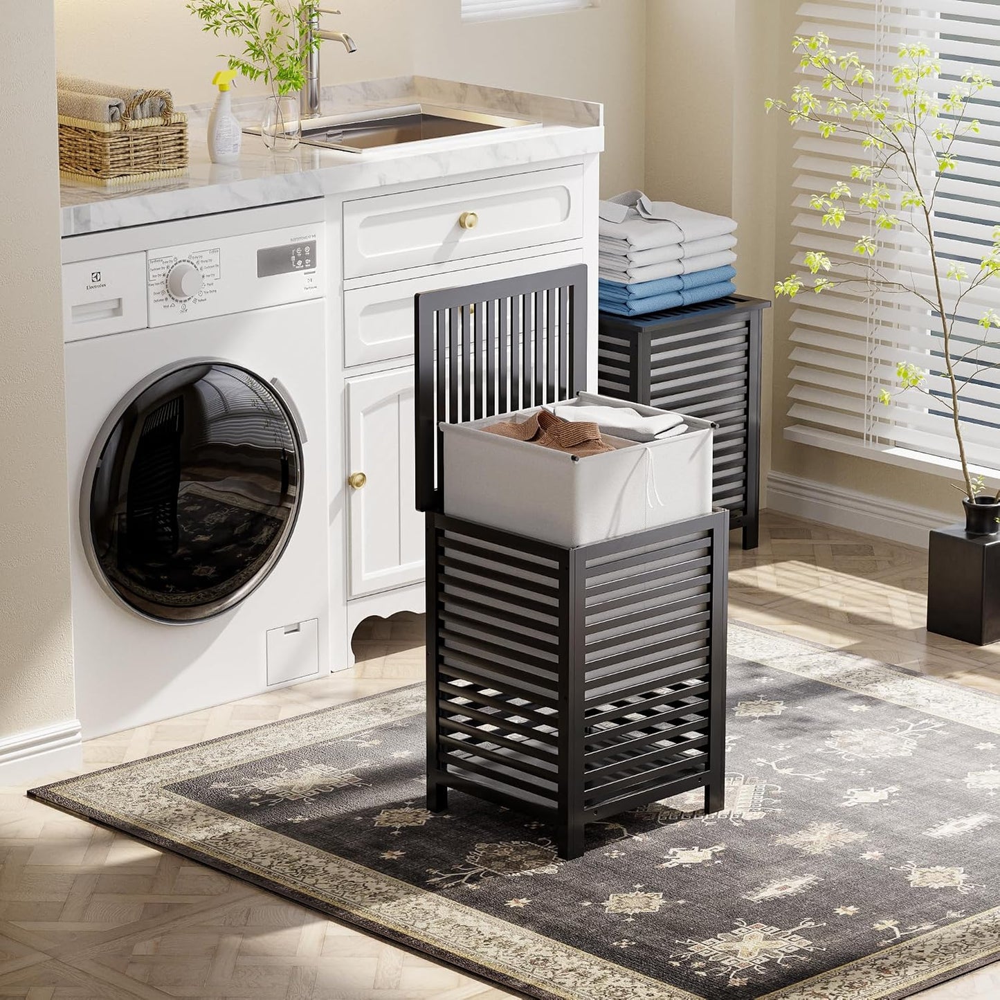 SMIBUY Double Laundry Hamper with Lid, 120L Bamboo Laundry Basket with Removable Liner Bag, 2-Section Clothes Divider Laundry Sorter for Laundry Room, Bathroom, Bedroom (Walnut)