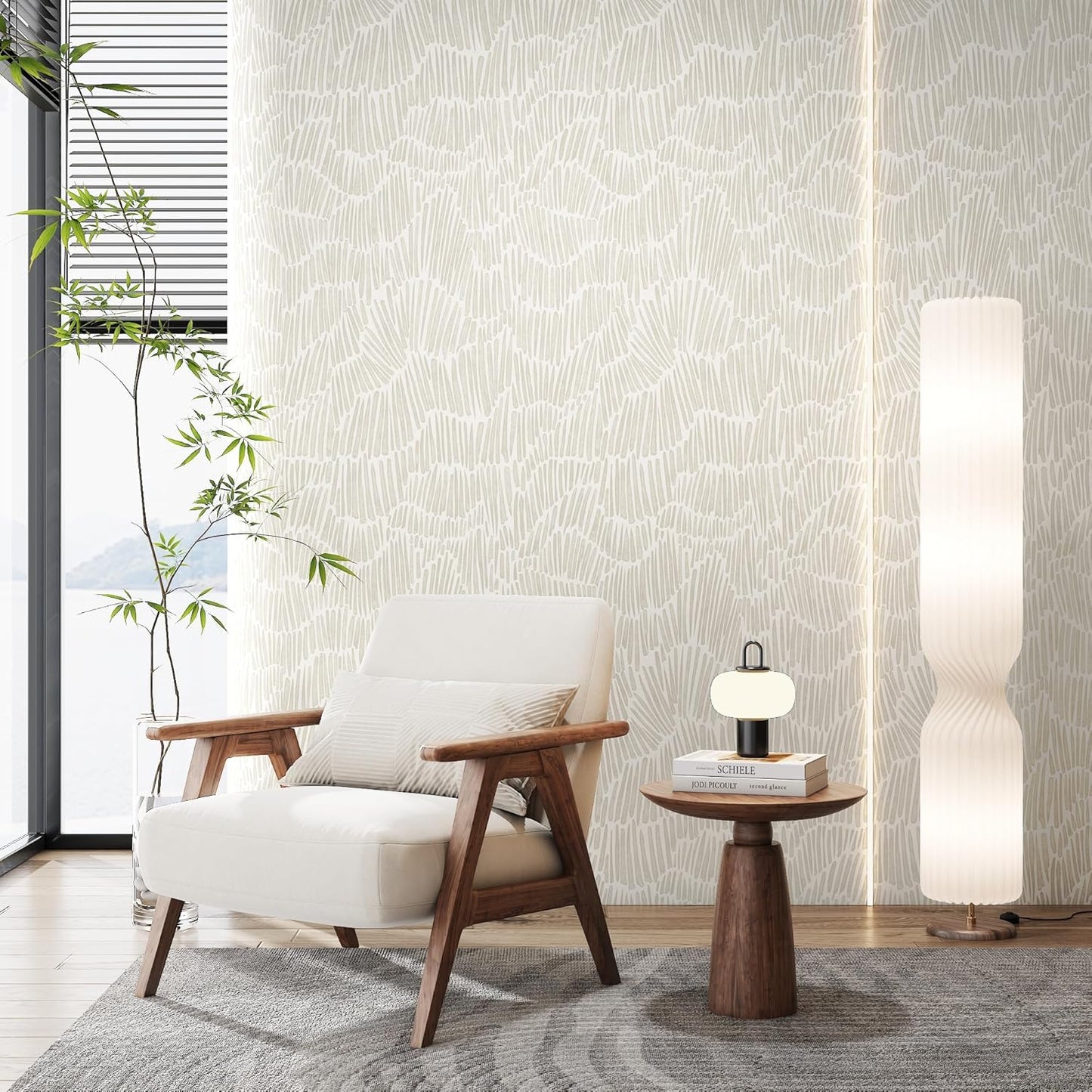 Theper Beige Wallpaper 17.3"×78.8" Modern Striped Peel and Stick Wallpaper Boho Removable Self Adhesive Wall Paper for Bedroom Waterproof White and Gold Contact Paper for Cabinets Vinyl