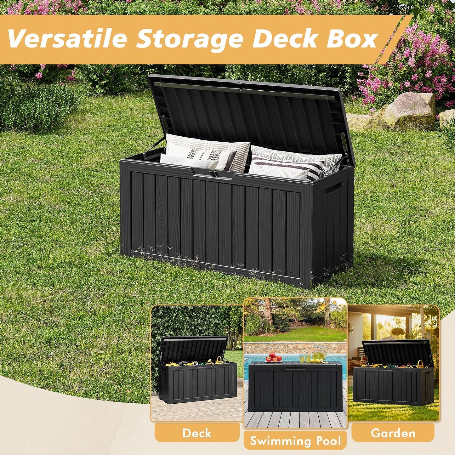 Fancyango 75 Gallon Outdoor Deck Box Waterproof, Large Storage Box for Patio, Resin Storage Bench Lockable for Garden Tools, Package Delivery, Black