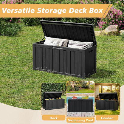 Fancyango 75 Gallon Outdoor Deck Box Waterproof, Large Storage Box for Patio, Resin Storage Bench Lockable for Garden Tools, Package Delivery, Black