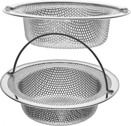2 Pack - 4.5" Top / 3" Basket - Kitchen Sink Drain Strainer Stainless Steel Large Basket Food Catcher with Handle. Fast Flow and Effective 2/16" Holes