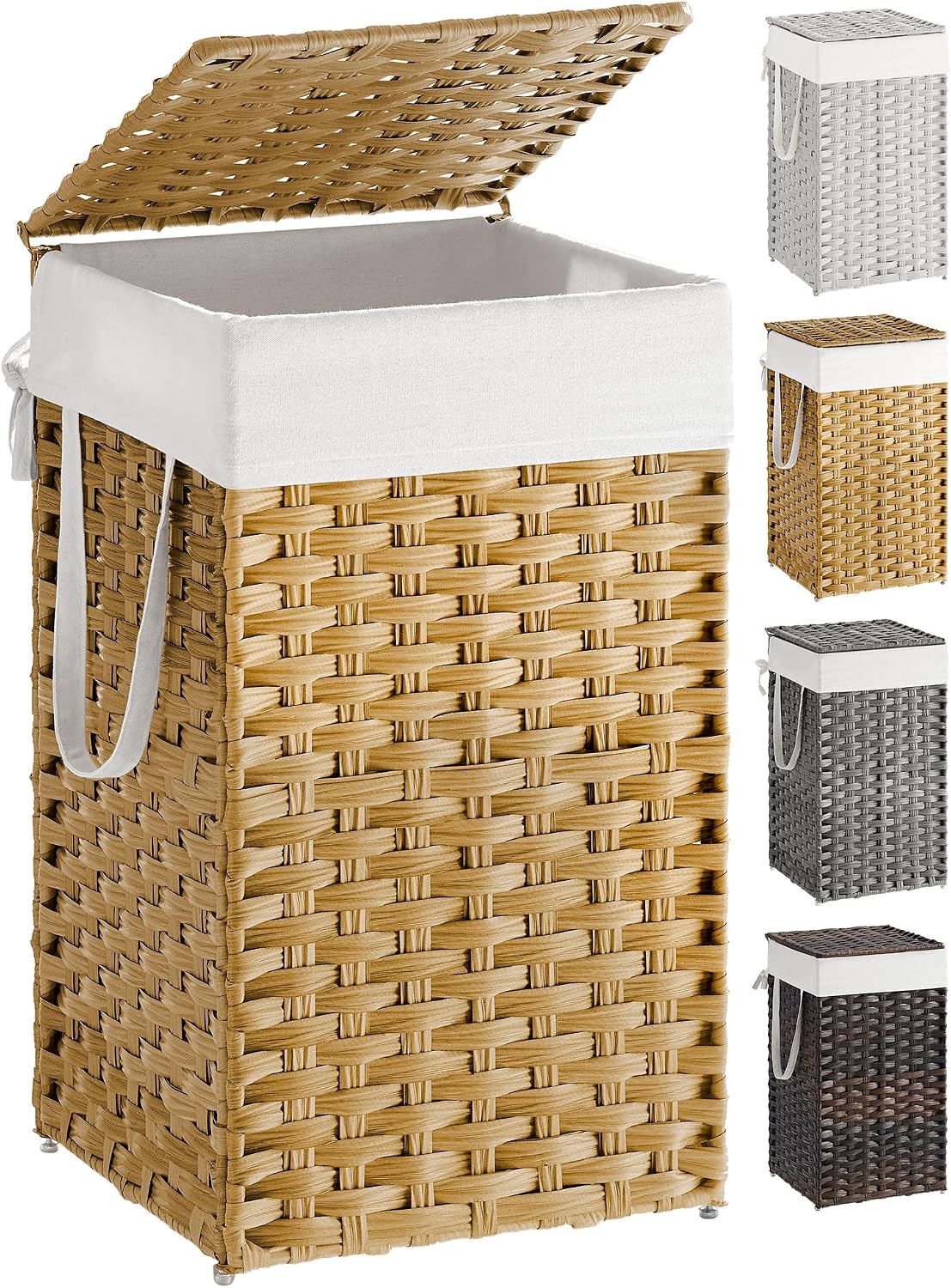 SONGMICS Laundry Hamper with Lid, 23.8 Gallon (90 L) Synthetic Rattan Clothes Laundry Basket with Lid and Handles, Foldable, Removable Liner, Chestnut Brown ULCB051K02