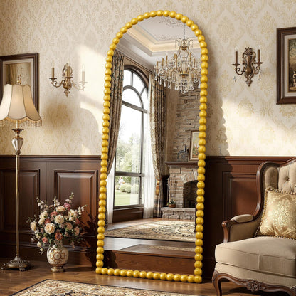 Antok 58" x 21" Arched Full Length Mirror, Antique Beaded Frame Floor Standing or Wall Mounted Mirror with Stand for Bedroom, Entryway, Brown, Luxury Style
