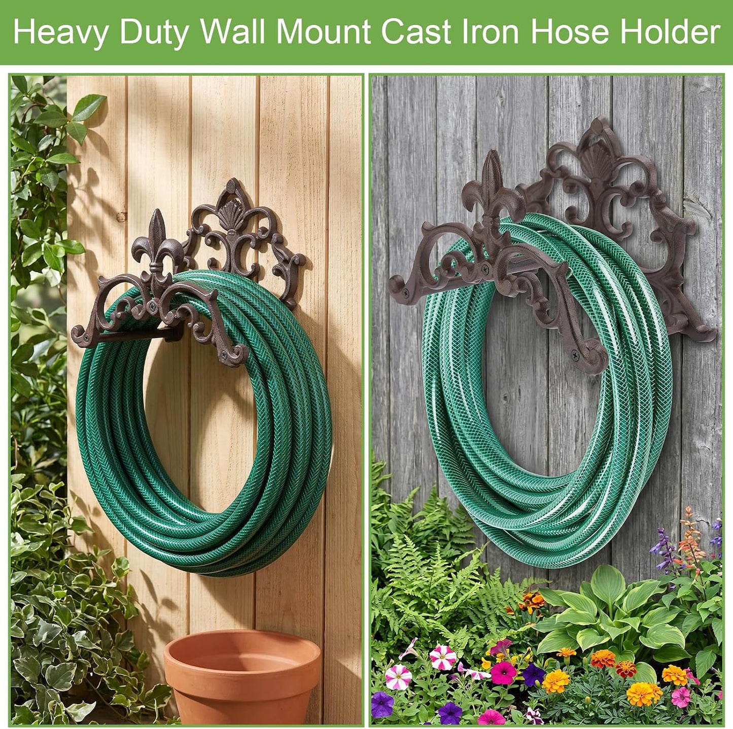 OwnMy Cast Iron Garden Hose Holder Heavy Duty Wall Mount Water Hose Reels Holder, Decorative Water Hose Hanger Garden Hose Storage Organizer Rack for Outdoor Lawn Yard, 10"L x 4.7"W x 6.5"H