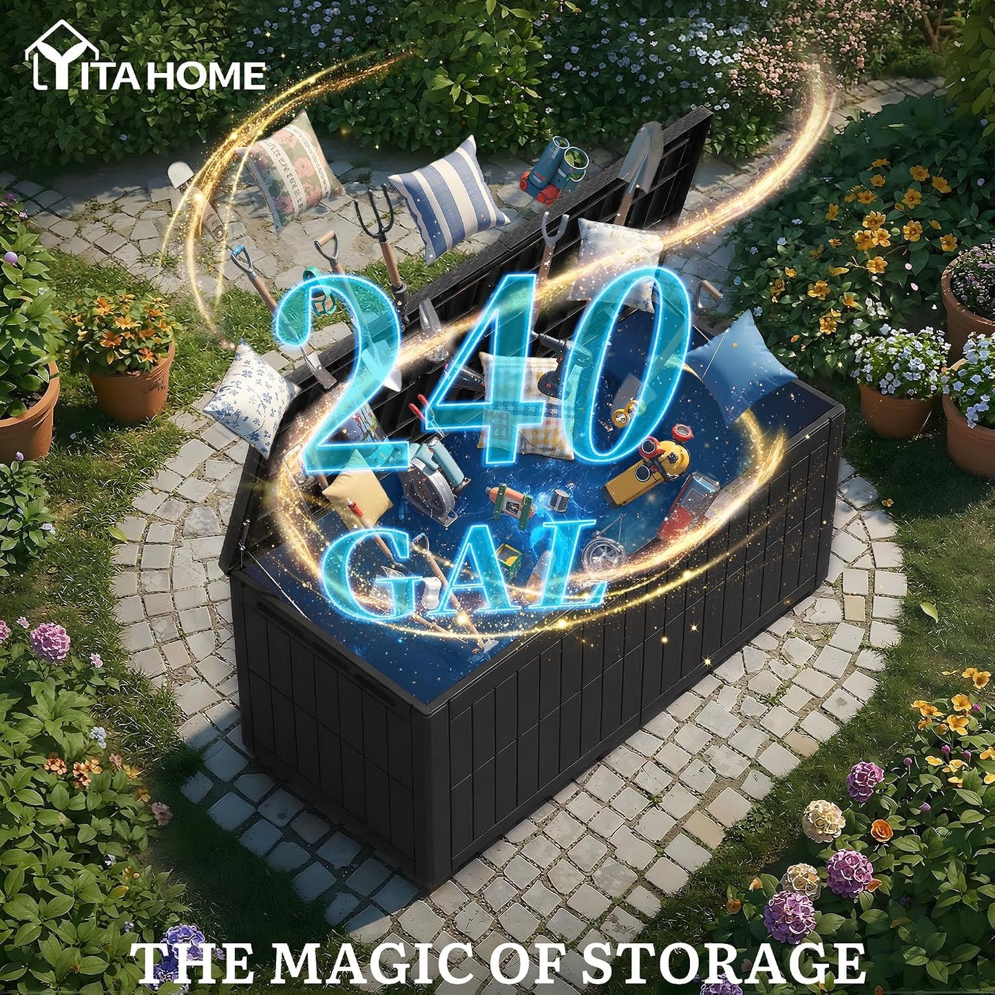 YITAHOME 134 Gallon Large Deck Box | Waterproof Resin Outdoor Storage Box with Lock, Doubles as 2-Person Bench Seating for Patio Furniture Cushions,Garden Tools &