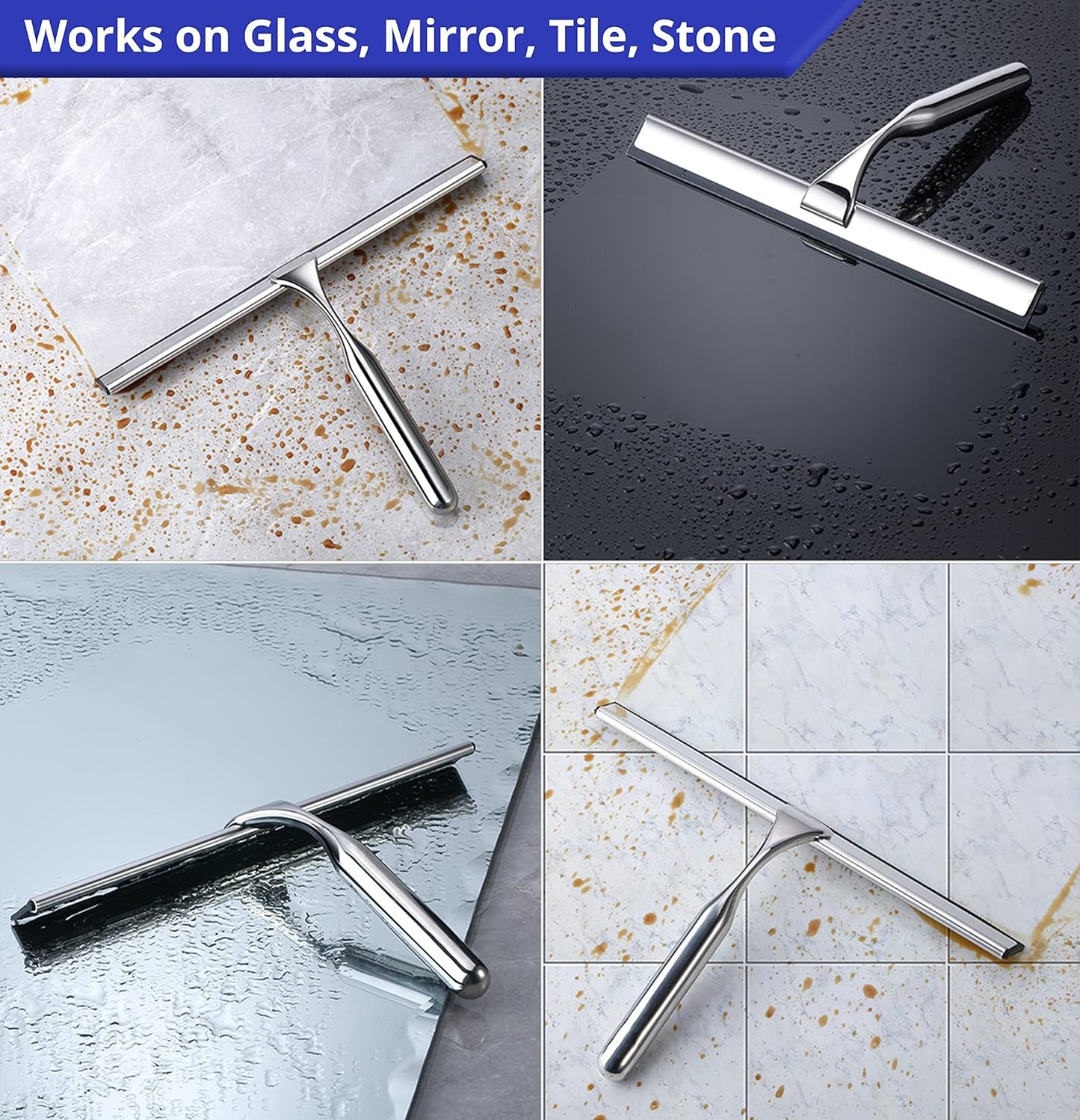 HOME SO Shower Squeegee for Glass Doors – Stainless Steel Squeegee with Adhesive Hooks - Window, Floor & Car Squeegee, Multi-Purpose Bathroom, Mirror & Tile Cleaner - Bathroom Essentials - Black 12"