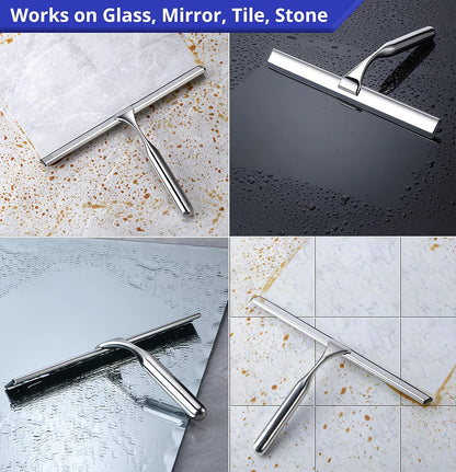 HOME SO Shower Squeegee for Glass Doors – Stainless Steel Squeegee with Adhesive Hooks - Window, Floor & Car Squeegee, Multi-Purpose Bathroom, Mirror & Tile Cleaner - Bathroom Essentials - Black 12"