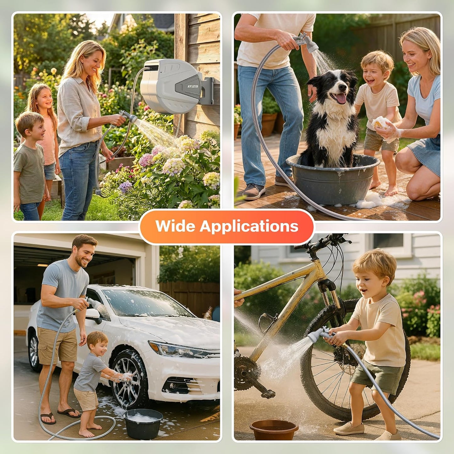 Ayleid Retractable Rubber Hybrid Garden Hose Reel, 1/2"x100ft Wall Mount | Anti-freeze, kink-free premium rubber hybrid hose, 24-month warranty, 9-pattern sprayer, any-length lock, slow auto-return.