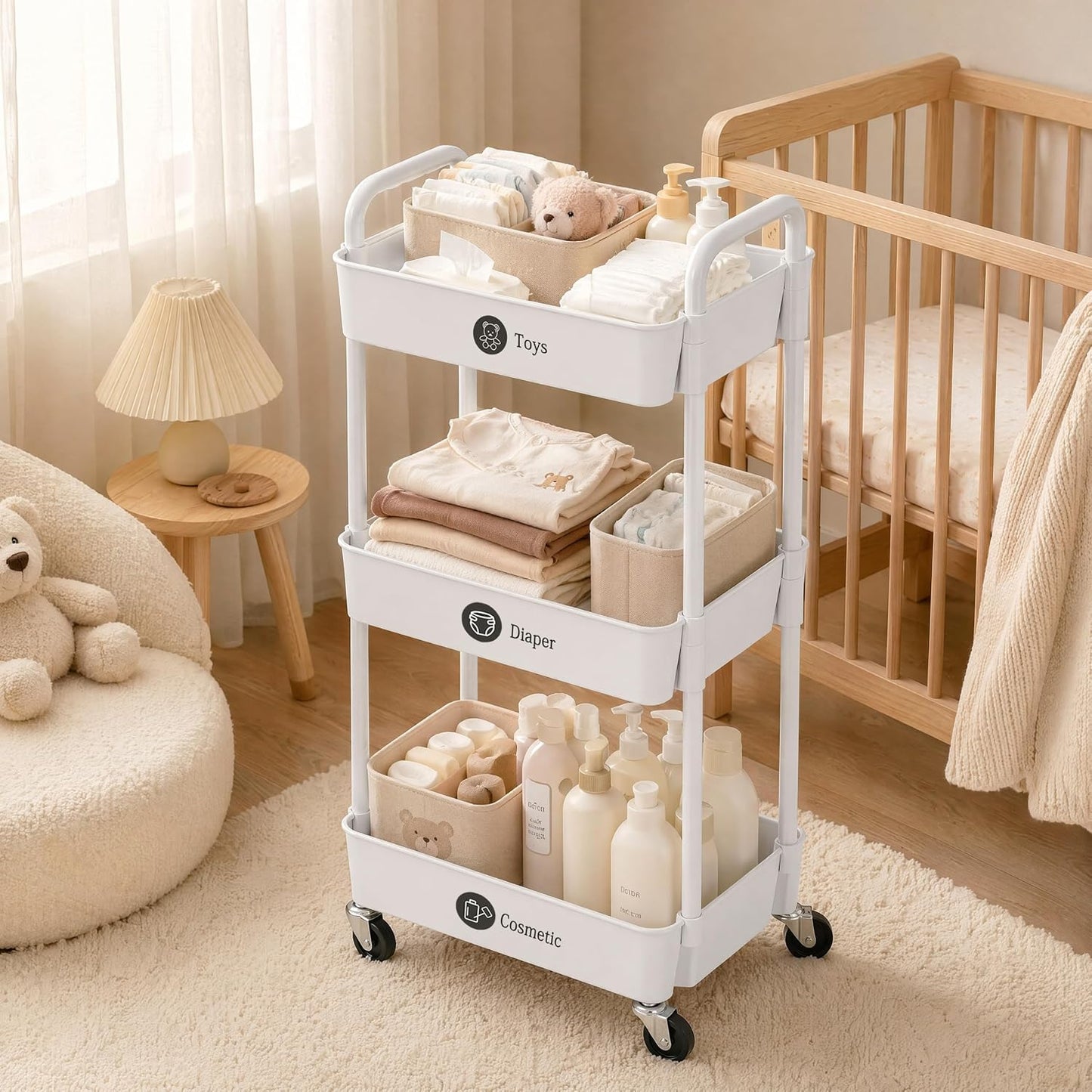 Laiensia 3-Tier Rolling Cart with Wheels,Multifunction Utility Storage Carts, Kitchen Storage Organizer,Mobile Shelving Unit for Bathroom,Laundry,with Classified Stickers,White