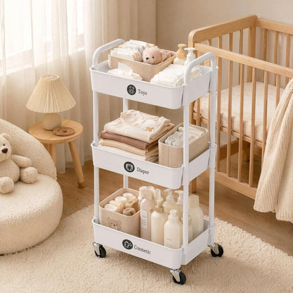 Laiensia 3-Tier Rolling Cart with Wheels,Multifunction Utility Storage Carts, Kitchen Storage Organizer,Mobile Shelving Unit for Bathroom,Laundry,with Classified Stickers,White