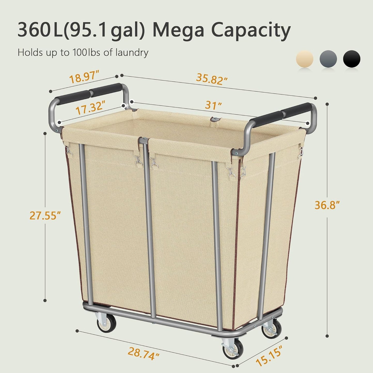Gewudraw Large laundry hamper with Wheels, 3 Bag Big Rolling Laundry Hamper Sorter Cart, Extra Large Laundry Clothes Hamper, Heavy Duty Laundry Basket Organizer for Laundry Room,Bathroom,Black