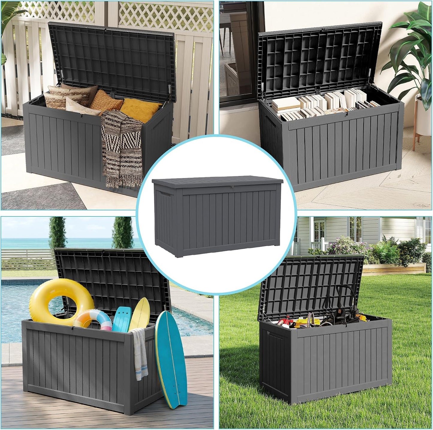 Outdoor Waterproof Resin Storage Deck Box Lockable Outside Bench UV Resistant Bin Patio Porch Furniture Pool Float Garden Tool Cushion (Black, 85 Gallon)