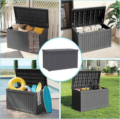 Outdoor Waterproof Resin Storage Deck Box Lockable Outside Bench UV Resistant Bin Patio Porch Furniture Pool Float Garden Tool Cushion (Black, 85 Gallon)