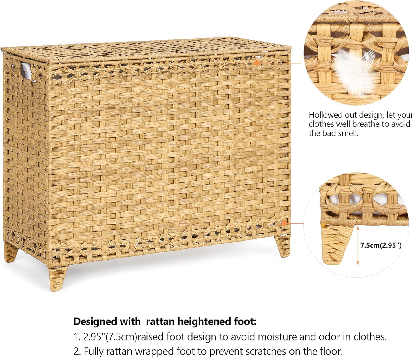 Laundry Hamper with 3 Removable Liner Bags; 132L Handwoven Rattan Laundry Basket with Lid & Heightened Feet; Clothes Hamper with Side Handles; Laundry Sorter with 3 Separate Sections