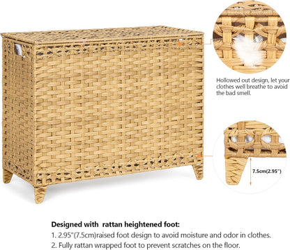 Laundry Hamper with 3 Removable Liner Bags; 132L Handwoven Rattan Laundry Basket with Lid & Heightened Feet; Clothes Hamper with Side Handles; Laundry Sorter with 3 Separate Sections
