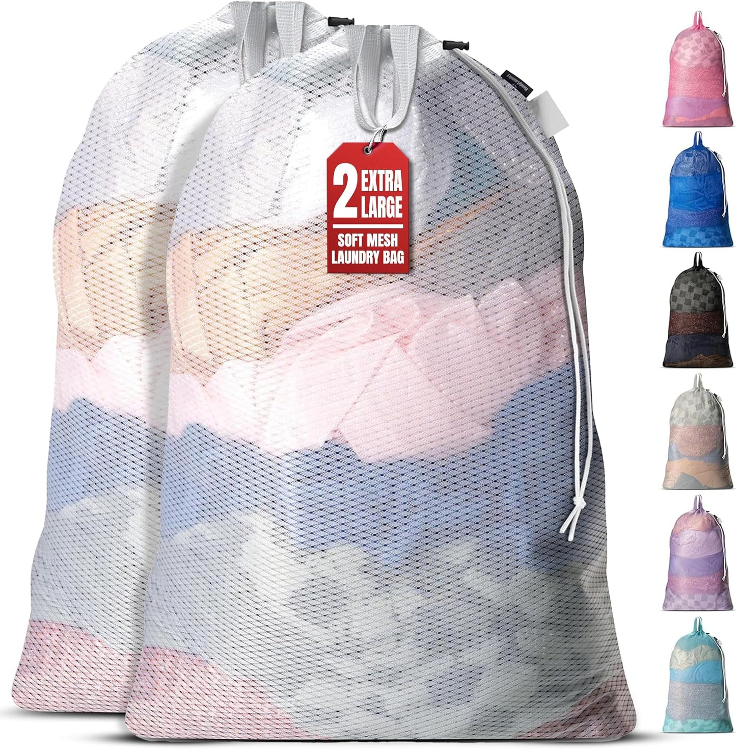 Mesh Laundry Bags 24 x 36 In, 2-Pack - Handy Laundry Heavy Duty Net Bag | Holds a Full Load, Tear-Resistant Wash Sack with Drawstring, Handles, Machine Washable, Hamper Liner, Dorm, Travel, White