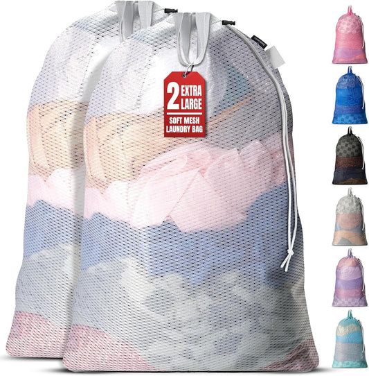 Mesh Laundry Bags 24 x 36 In, 2-Pack - Handy Laundry Heavy Duty Net Bag | Holds a Full Load, Tear-Resistant Wash Sack with Drawstring, Handles, Machine Washable, Hamper Liner, Dorm, Travel, White