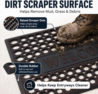 ROOM127 Outdoor Doormat 28.3 x 17.3 in, Rubber Scraper Entry Mat | Heavy Duty 3-Zone Cleaning, Absorbent Strips, Open Drainage, Non Slip Low Profile for Front Door, Patio, Garage & Mudroom