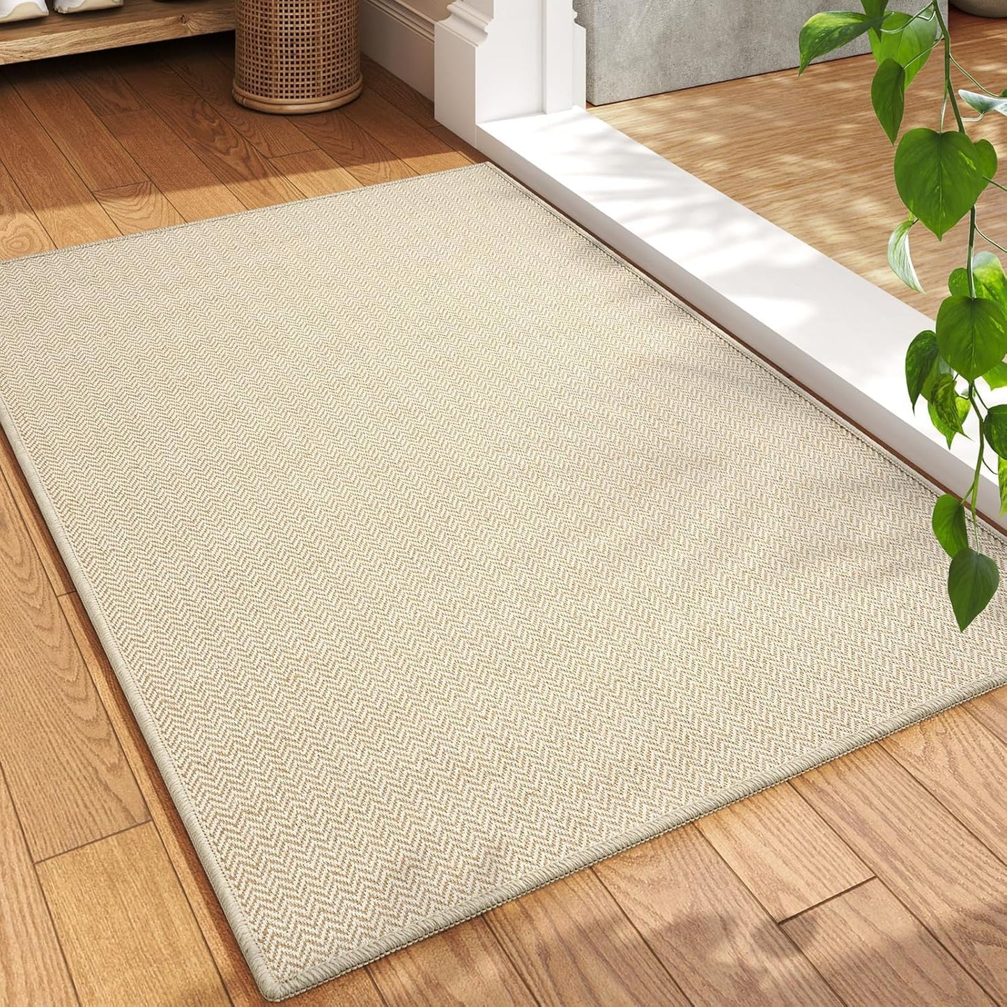 Ultra Thin Door Mat 24"x35" – Low Profile Non Slip Door Mat Indoor Entrance, Washable Absorbent Entryway Mat with Rubber Backing, Dirt Trapper Doormat for Front Door Inside, Beige